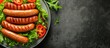 Sausages frankfurter and salad on plate closeup. with copy space image. Place for adding text or design