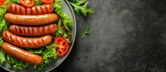 Poster - Sausages frankfurter and salad on plate closeup. with copy space image. Place for adding text or design
