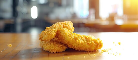 Poster - Delicious crispy fried breaded chicken breast strips on restaurant table. with copy space image. Place for adding text or design