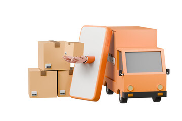 Poster - 3d Courier Tuck delivers a parcel handholding phone delivery transportation logistics concept isolated on orange background. Online Shop with delivery concept. Minimal Cartoon icon design. 3d render.