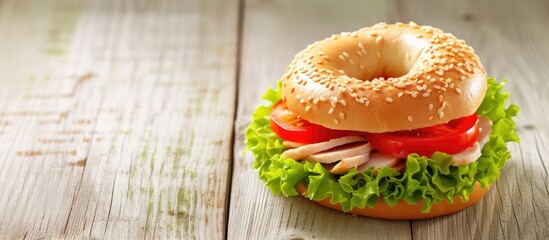 Aufkleber - Healthy Turkey Sandwich on a Bagel with Lettuce and Tomato. with copy space image. Place for adding text or design