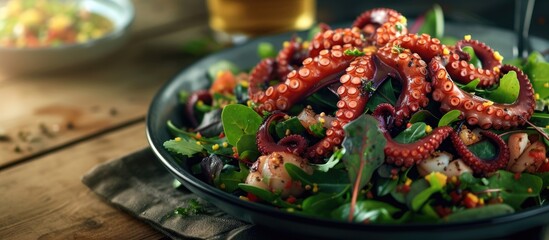 Aufkleber - mixed salad topped with slices of marinated octopus tentacles and a spicy dressing. with copy space image. Place for adding text or design