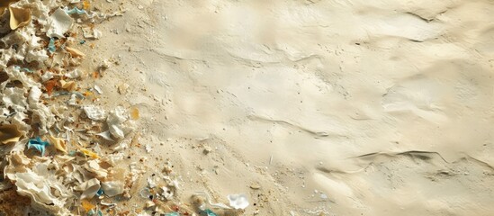 Poster - Close up side shot of hands shows microplastic waste contaminated with the seaside sand Microplastics are contaminated in the sea Concept of water pollution and global warming. with copy space image