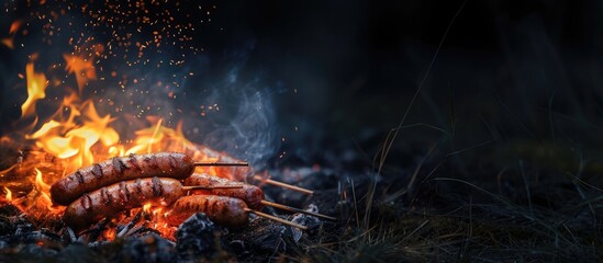 Poster - Grilling sausages over a campfire Grilling food over flames of bonfire on wooden branch stick spears in nature at night Scouts way of preparing food Campfire in the garden. with copy space image