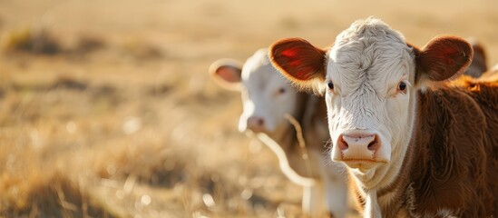 Poster - Beef cow and young calf looking at camera in a dry grassy field. with copy space image. Place for adding text or design