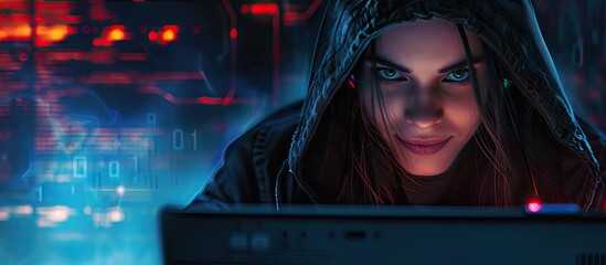 Poster - female hacker staring at the screen smiling sitting in front of computer and laptop thinking how to fraud. with copy space image. Place for adding text or design