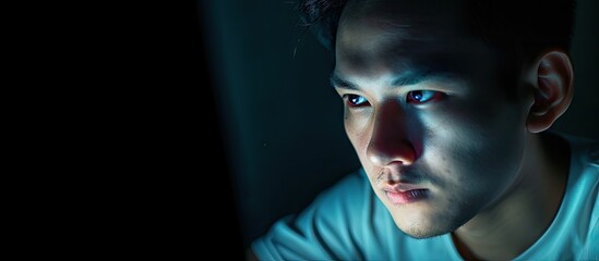 Leinwandbilder - Asian hacker using ransomware to attack server and cracking password Internet scammer in hood planning phishing attack and developing malicious software to breach data in dark room