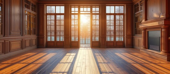 Poster - Elegant wooden designer interior with french doors and fire place and open french doors leading to outdoors. with copy space image. Place for adding text or design