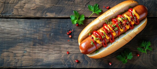 Poster - Tasty hot dog on wooden table. with copy space image. Place for adding text or design