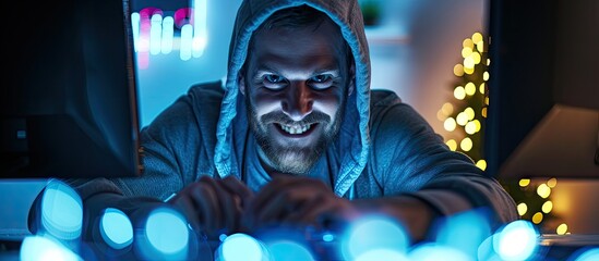 Poster - Cyber scammer feeling happy about hacking security system success in stealing big data at office Coding virus to create malware and break into database servers using multiple monitors