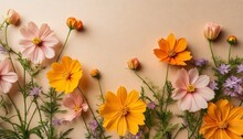 Creative Spring Or Summer Mockup With Wildflowers Lanceleaf Coreopsis On Beige Background The Main Background Is Peach Colored Peach Fuzz Square Shape Copy Space