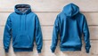 front and back view of a blue hoodie mockup for design print