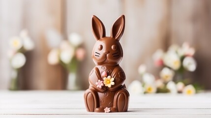 Canvas Print - Chocolate Easter bunny with flowers on white wooden background