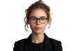 A woman psychiatrist wearing a black suit and glasses, looking calm and professional. This PNG file, with an isolated cutout object on a transparent background