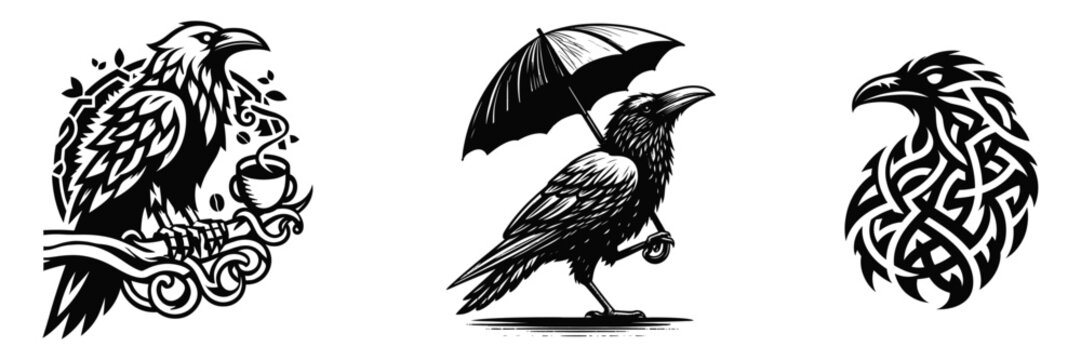Silhouette of raven bird in different poses, scandinavian myths, tattoo design, vector illustration.	
