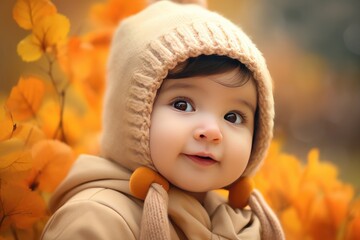 Cute little baby with blur background, Close up portrait of cute little girl in winter clothes outdoor, Ai generated