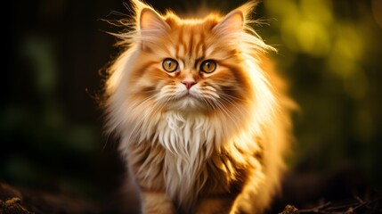 Close-up portrait of adorable ginger cat with beautiful green summer foliage in background