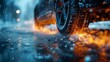 A slick tire grips the rain-soaked pavement, its auto part exposed in a dramatic screenshot of speed and danger