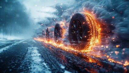 Poster - A blazing tire emits intense heat, casting a fiery glow upon the darkened outdoor scene as thick smoke billows into the night sky