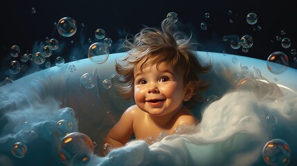 Wall Mural - A happy laughing child is taking a bath playing with foam bubbles. Hygiene and care of young children.