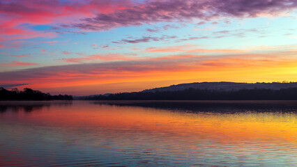 Relections on a Loch Sunrise, Castle Semple Loch, Lochwinnoch, Renfrewshire, Scotland, UK