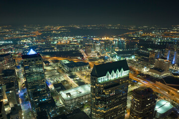 Poster - Night urban landscape of downtown district of Tampa city in Florida, USA. Skyline with brightly illuminated high skyscraper buildings in modern american megapolis