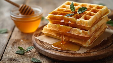 Sticker - Honey with waffles on a white background