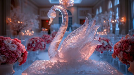 Wall Mural - An ice sculpture of a swan stands in the center of the beautifully decorated wedding hall