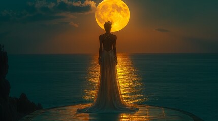 Canvas Print - girl in a shining dress stands with her back against the background of the dark sky and the blue sea