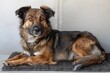 © dark_blade - Cute relaxed mixed breed dog lying on cool mat in hot day , white wall background, summer heat. ai generated