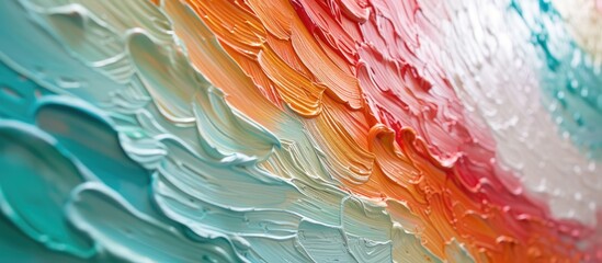 Poster - A close-up view of a vivid and striking painting displayed on a textured wall, showcasing a myriad of bright and contrasting colors. The intricate details and bold strokes of the artwork are captured