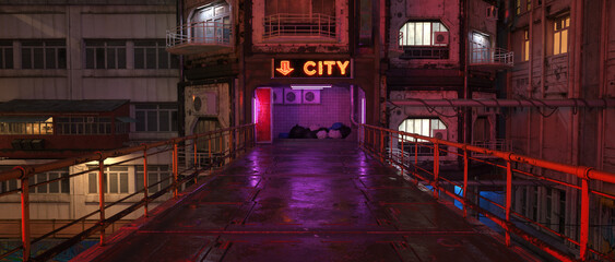 Aufkleber - Wide panoramic 3D render of a bridge leading to a subway entrance in a dystopian future cyberpunk city.