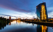 Skyline panorama of the German financial metropolis Frankfurt am Main. Silhouettes of illuminated high-rise office towers on a summer day at blue hour after colorful sunset. Reflected by water surface