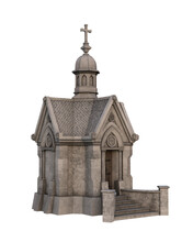 Perspective View Isolated 3D Render Of An Old Victorian Mausoleum Building With White Background.