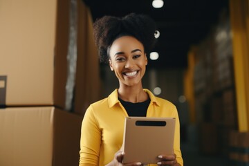 Poster - A woman holding a tablet computer in a warehouse. Perfect for technology or logistics concepts