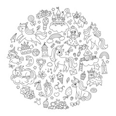 Wall Mural - Vector black and white round frame for unicorn party. Fairytale line card template design for banners, invitations, postcards, social media. Cute magic fantasy world illustration or coloring page.