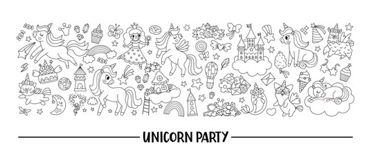 Wall Mural - Vector horizontal black and white set for unicorn party. Fairytale line card template design for banners, invitations, postcards. Cute magic fantasy world illustration or coloring page.