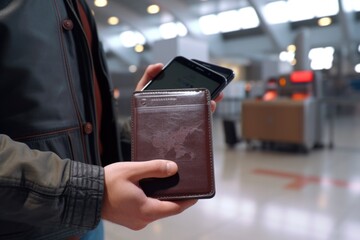 Aufkleber - A person holding a wallet and a cell phone. Suitable for finance and technology concepts