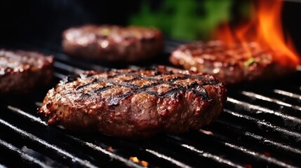 Wall Mural - Hamburgers cooking on a grill with flames in the background. Suitable for food and cooking concepts