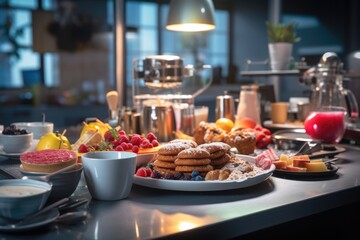 Aufkleber - A table with plates of food and bowls of fruit. Suitable for food and dining concepts