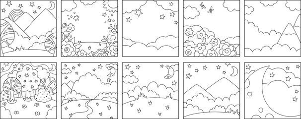 Vector set of black and white abstract backgrounds with clouds, stars, moon, garden, field, magic forest. Fantasy world line scenes collection. Fairytale square nature landscapes, coloring pages.