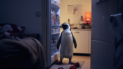 Poster - A penguin standing in front of an open refrigerator, suitable for various food and kitchen-related concepts