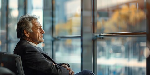 Wall Mural - Portrait of a senior businessman sitting in an office lobby, looking out the window