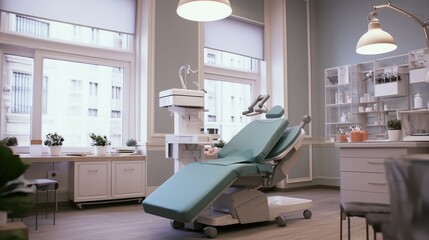 A dentist's chair placed in a room. Suitable for dental clinic concepts