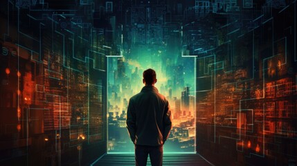 Poster - A man standing in a dark room with a view of the city in the background. Ideal for urban concept designs