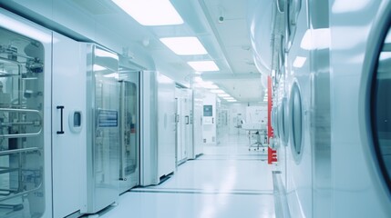 Poster - A long hallway with multiple glass doors, suitable for office or commercial use