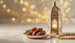 Ramadan food and drinks concept. Ramadan Lantern with arabian lamp, wood rosary, dates fruit, Ramadan Kareem and iftar Muslim holiday concept. Dried dates and lanterns, Generative AI