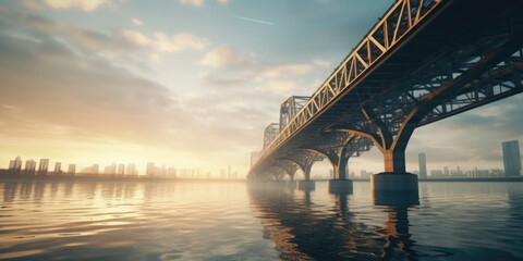 Poster - A scenic view of a bridge over a body of water with a city in the background. Ideal for travel and urban concepts