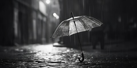 Sticker - A black and white photo of an umbrella in the rain. Suitable for weather-related concepts