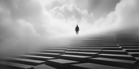Poster - A man is shown walking up a flight of stairs. Suitable for business or success concepts